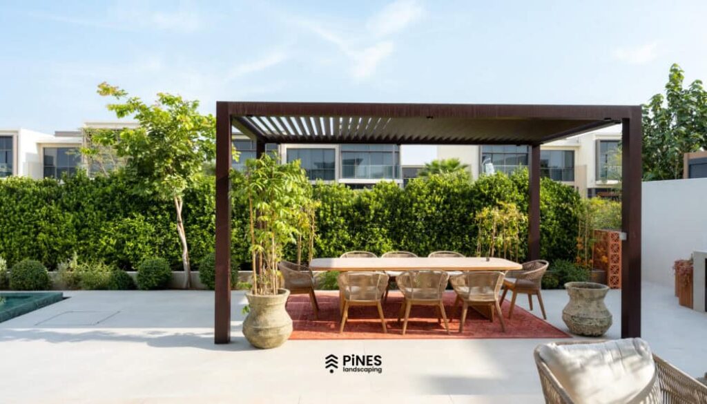 Residential landscape with garden greenery and structured outdoor planting