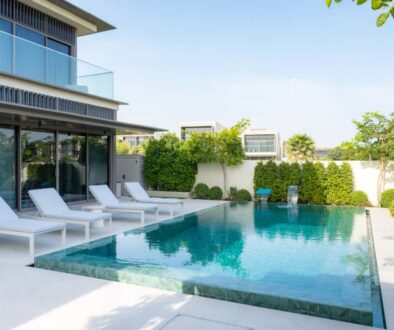 Landscaped villa exterior with garden greenery and finished outdoor design